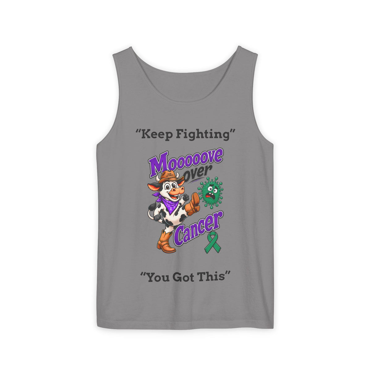 Gray Moooove Over Cancer tank top displaying a Liver Cancer awareness ribbon and uplifting message