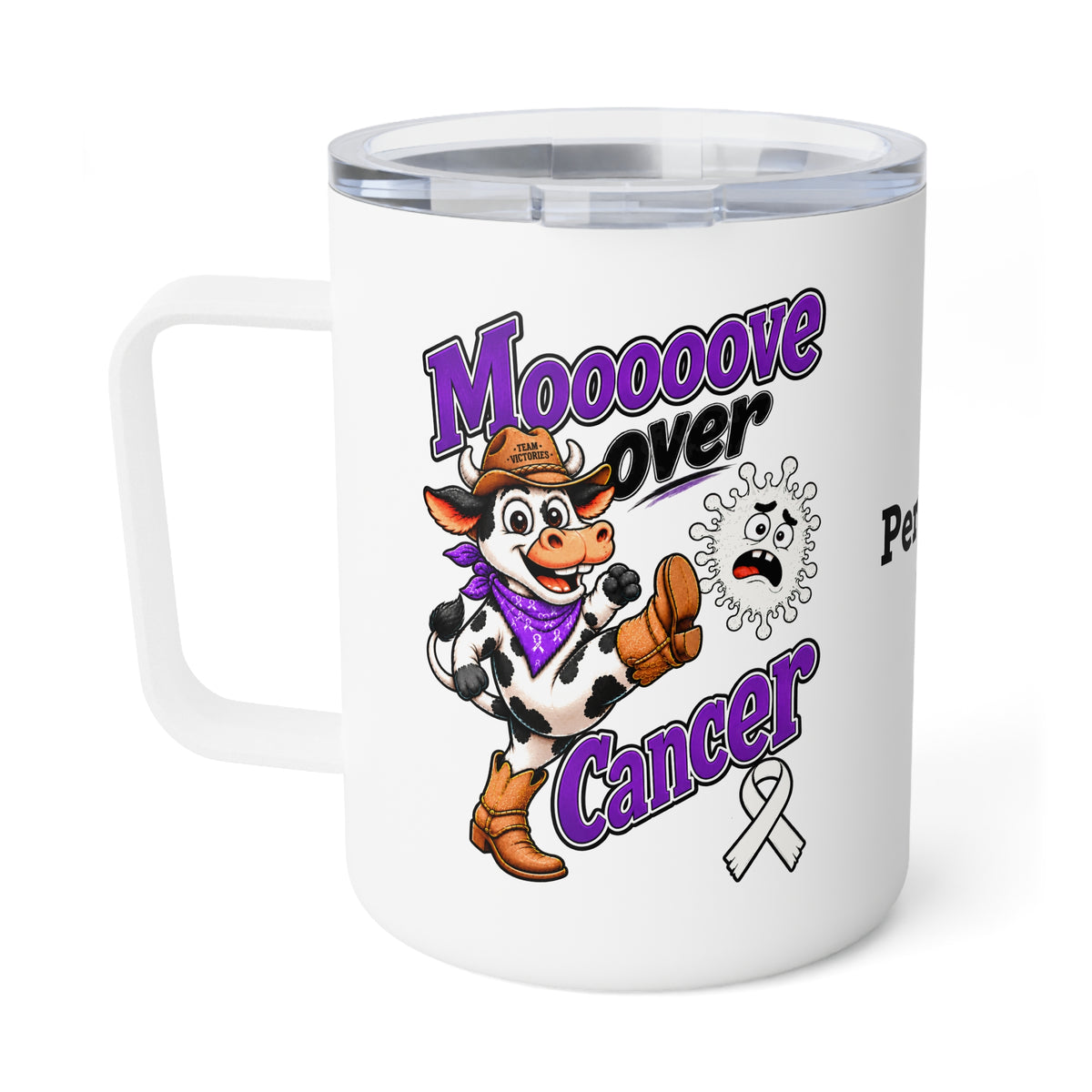 Moooove Over Cancer 10 oz insulated mug with cow artwork and awareness ribbon