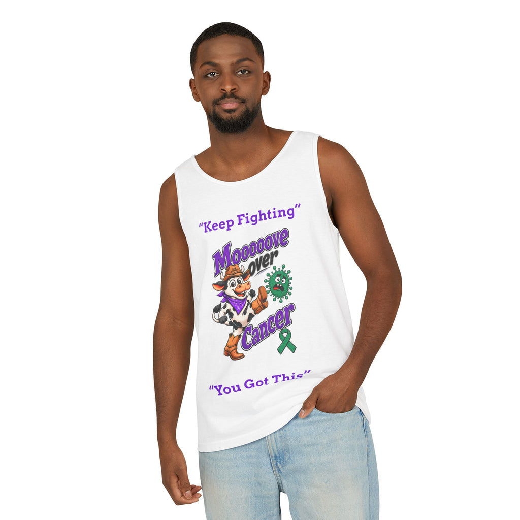 Back view of a white Moooove Over Cancer tank top