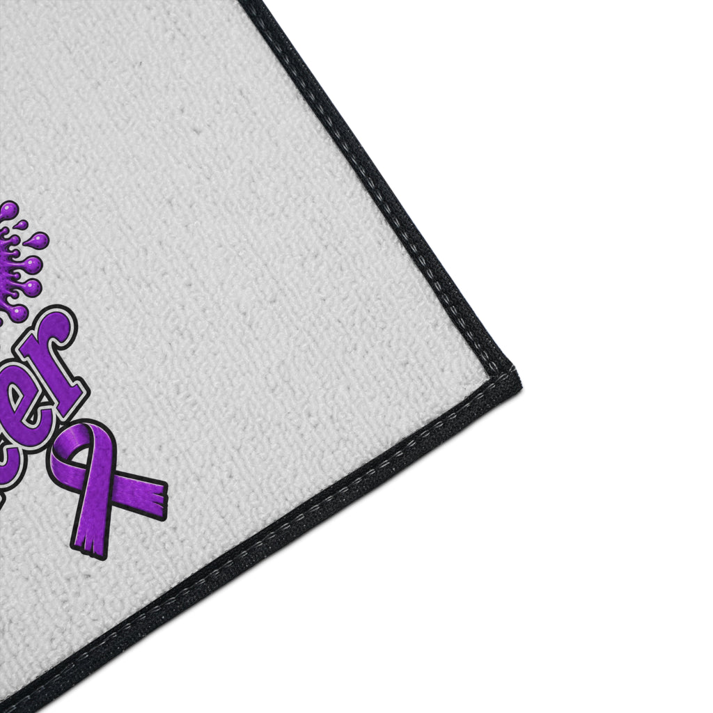 Close-up of Moooove Over Cancer mat corner, surface, and black trim