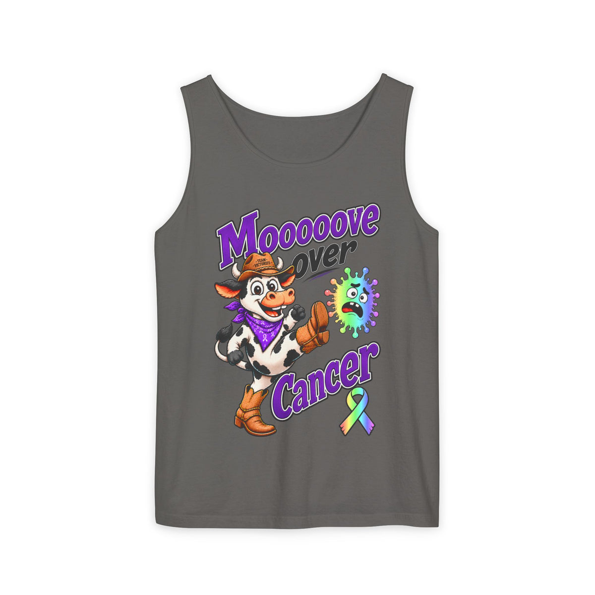 Charcoal Moooove Over Cancer tank top with cowgirl design and all-cancer awareness ribbon