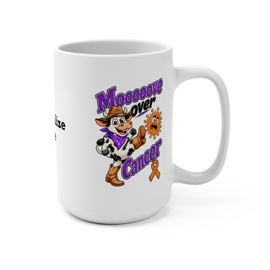 Moooove Over Cancer cow design on a mug with a Leukemia/Kidney Cancer awareness ribbon