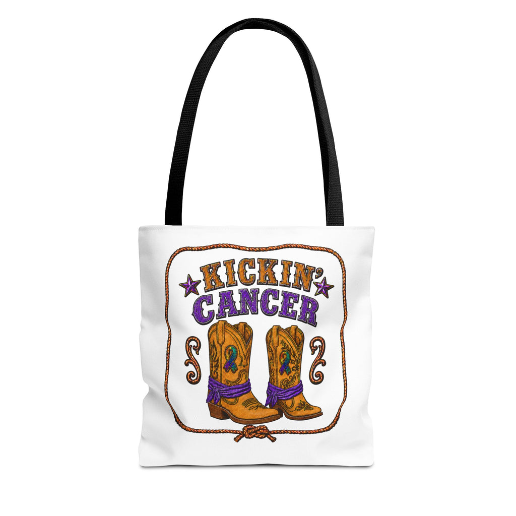 Kickin' Cancer tote bag with cowboy boot design and black handles