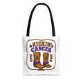 Kickin' Cancer tote bag with cowboy boot design and black handles