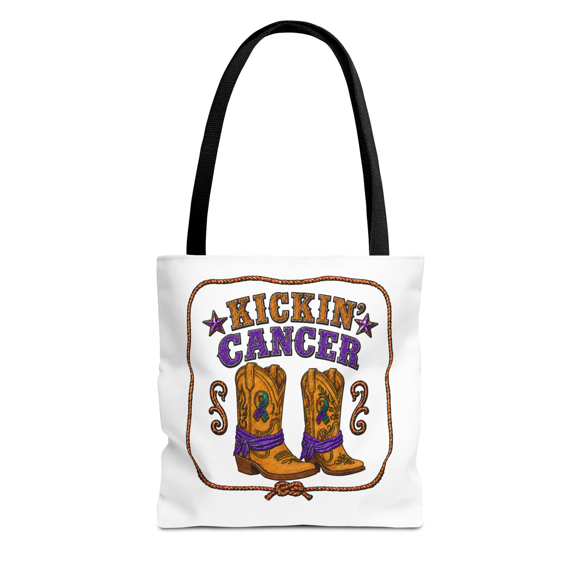 Kickin' Cancer tote bag with cowboy boot design and black handles