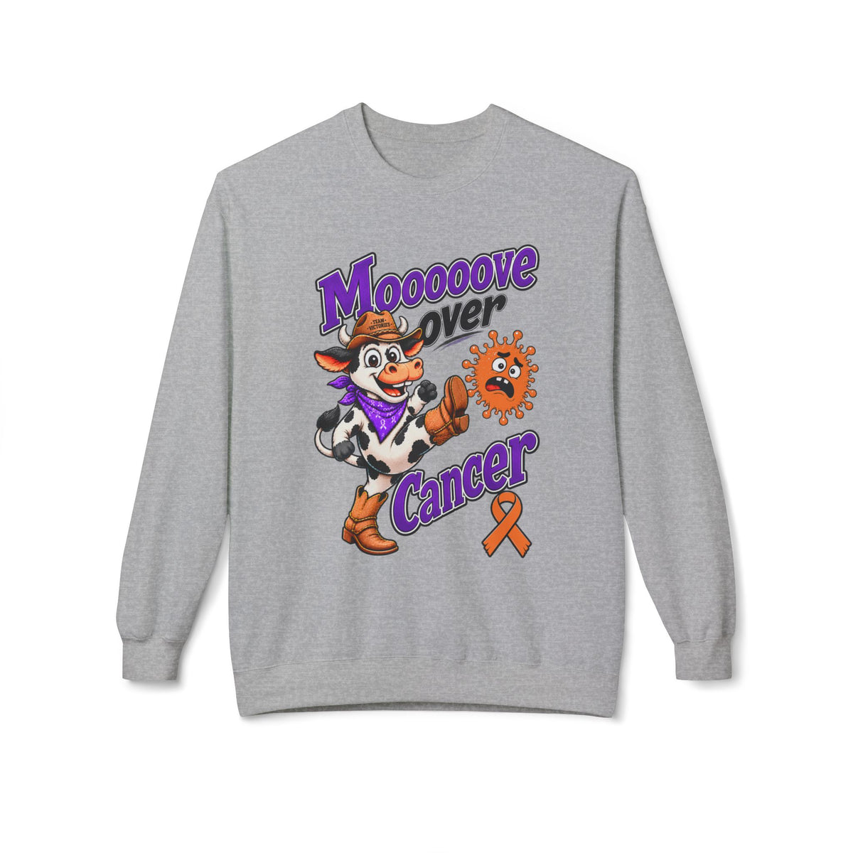 Back view of Moooove Over Cancer crewneck sweatshirt