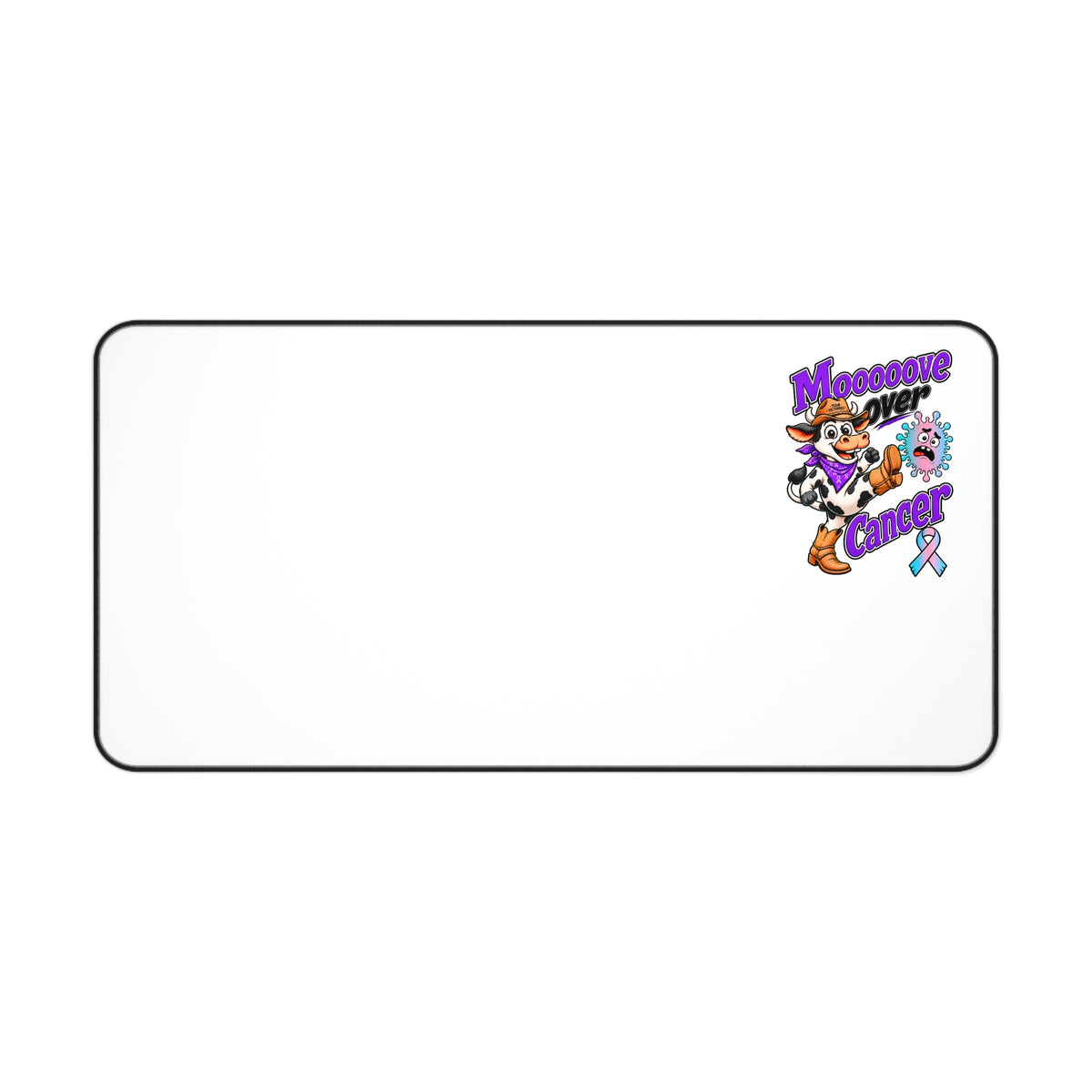White Moooove Over Cancer desk mat with a Thyroid Cancer awareness ribbon design