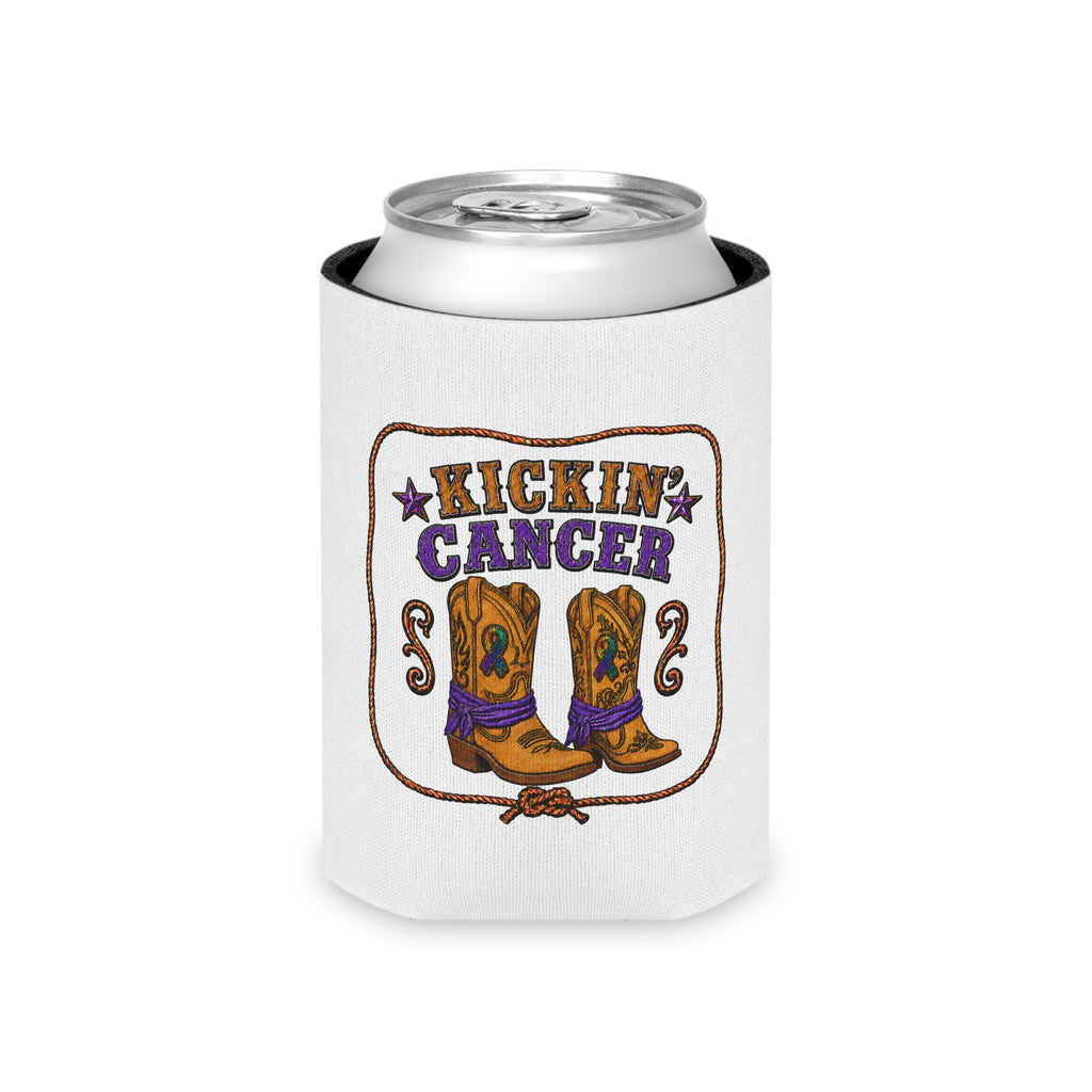 White Regular Can cooler with Kickin' Cancer western boot artwork