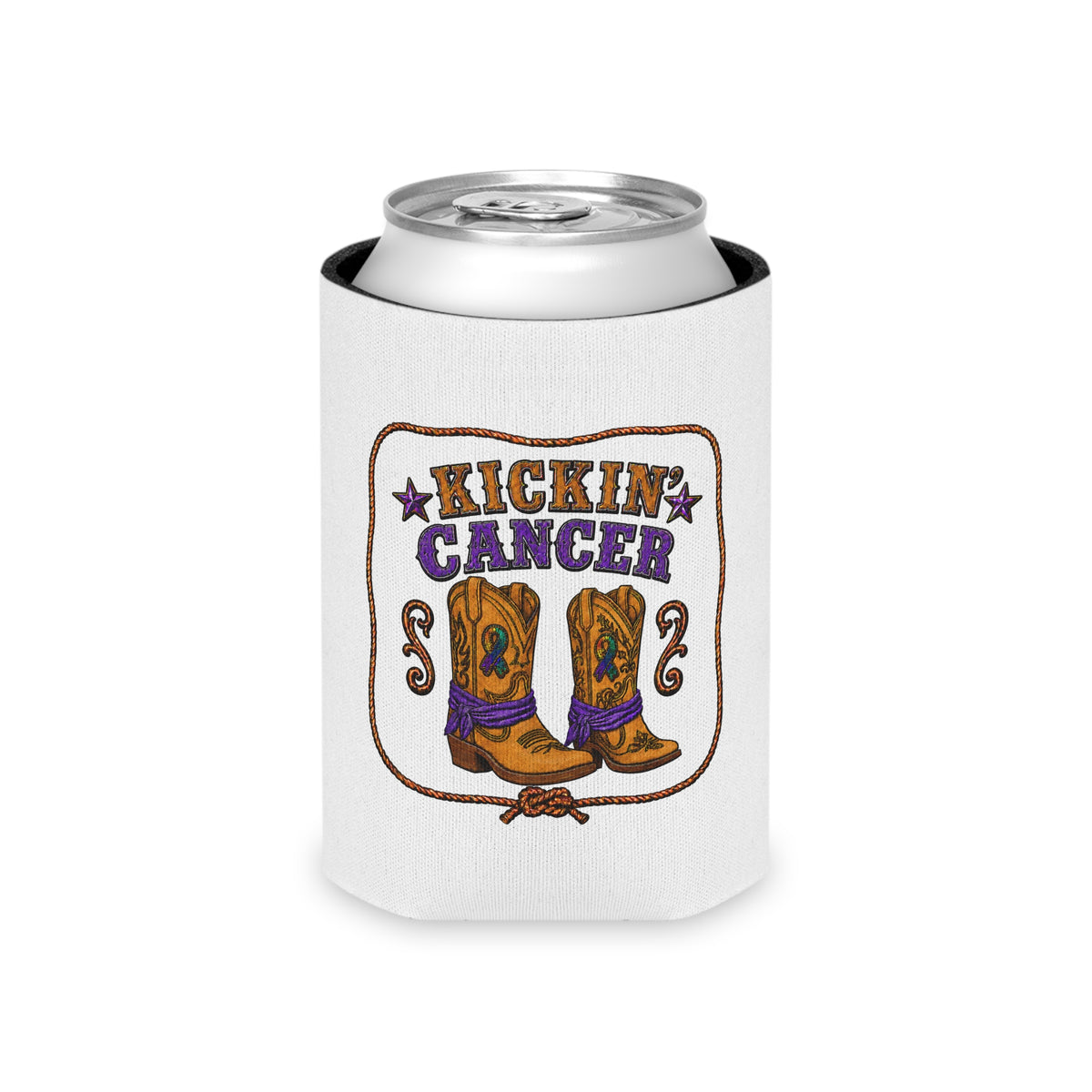 White Regular Can cooler with Kickin' Cancer western boot artwork