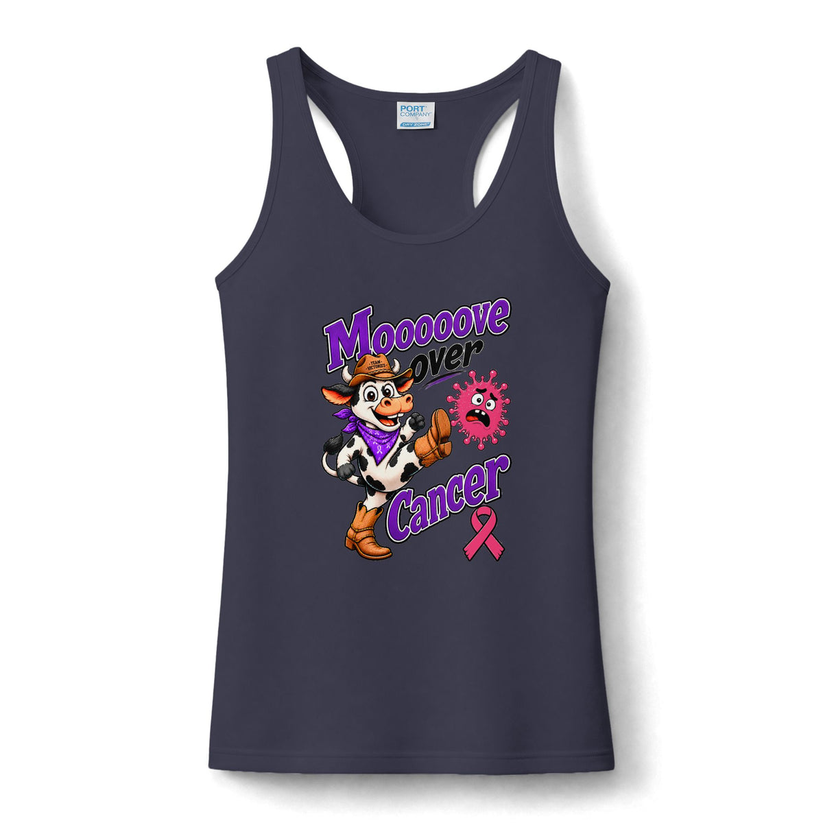 Moooove Over Cancer women's performance tank with Breast Cancer awareness ribbon, navy front view