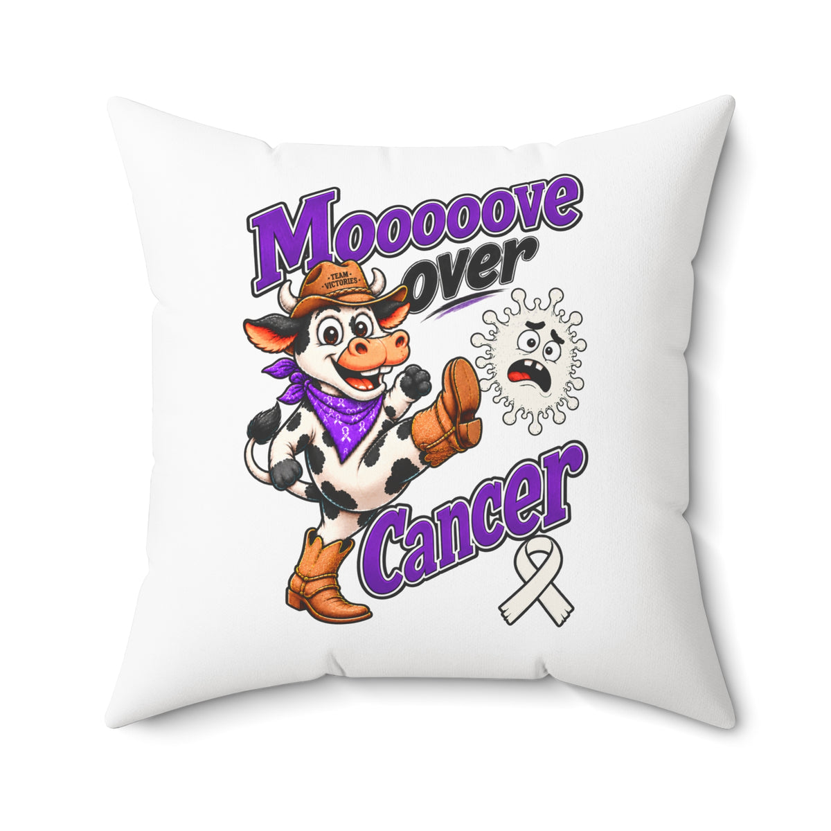 Moooove Over Cancer pillow artwork with a cowgirl, cancer character, and Lung Cancer awareness ribbon
