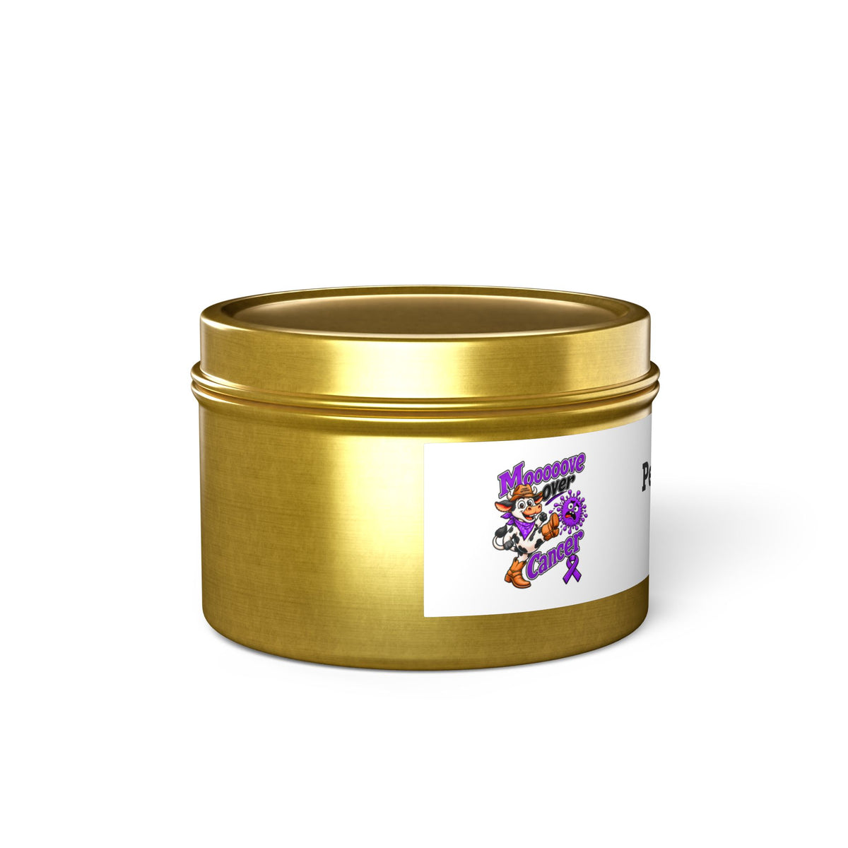 Moooove Over Cancer personalized scented tin candle with Pancreatic Cancer awareness ribbon