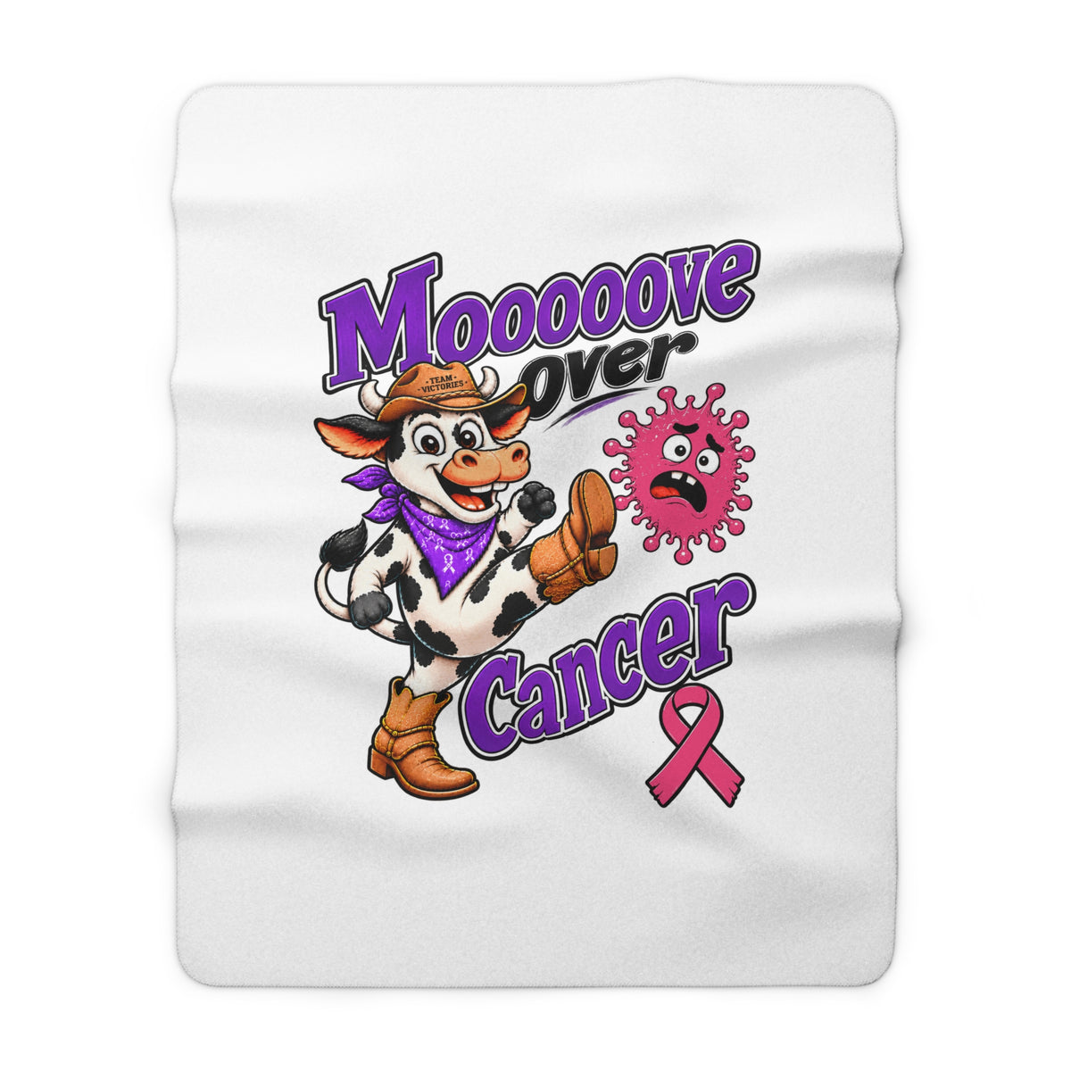 Moooove Over Cancer blanket featuring a cow and Breast Cancer awareness ribbon design