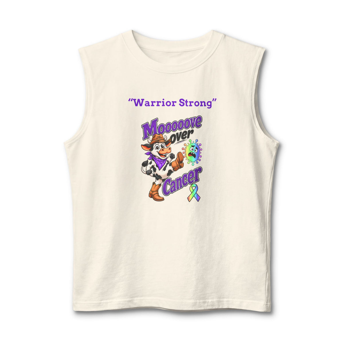 Moooove Over Cancer Warrior Strong tank top in cream with all-cancer awareness ribbon