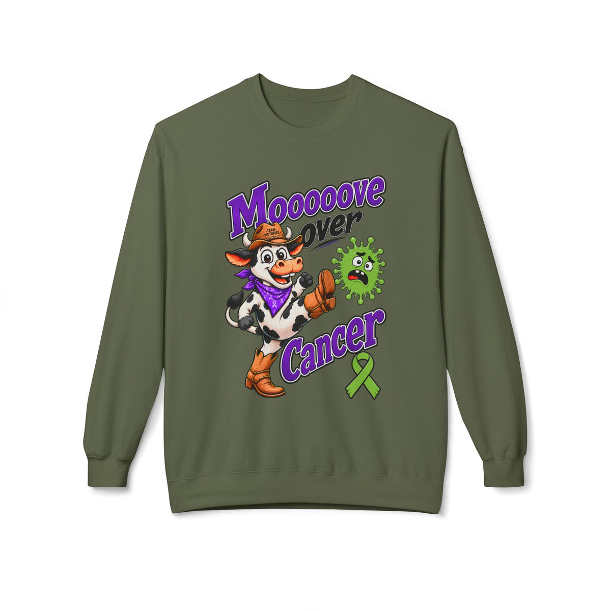 Brown Moooove Over Cancer sweatshirt with cow graphic and Non-Hodgkin/Lymphoma Cancer ribbon