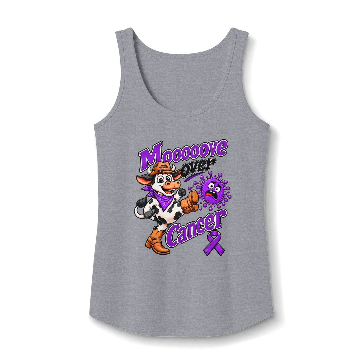 Heather gray Moooove Over Cancer tank top with Pancreatic Cancer awareness ribbon