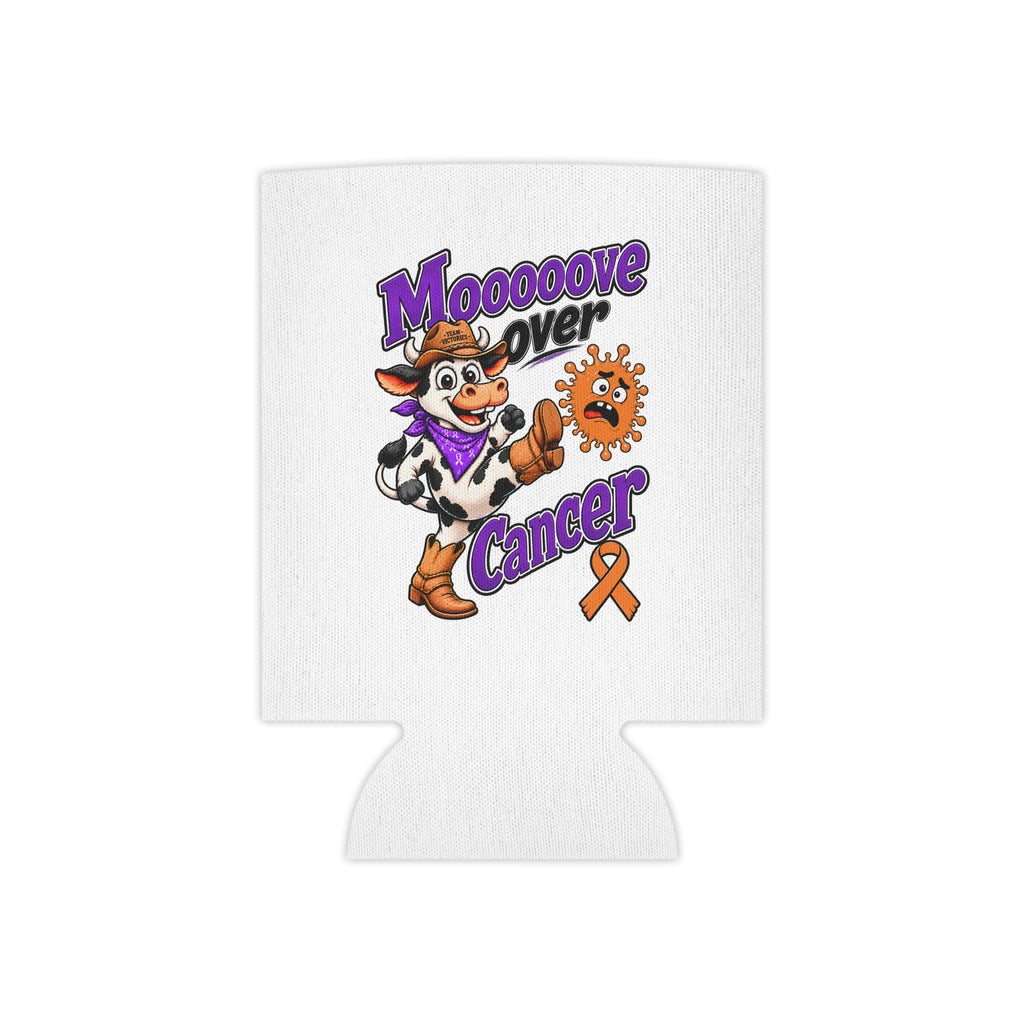 Moooove Over Cancer can cooler with cow mascot and orange awareness ribbon