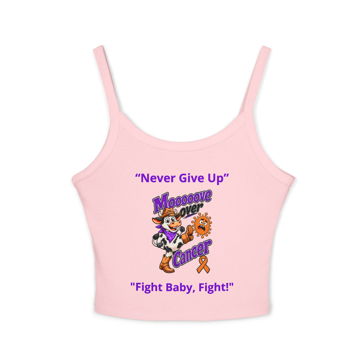 Pink Moooove Over Cancer tank top with Never Give Up artwork and Leukemia/Kidney Cancer awareness ribbon