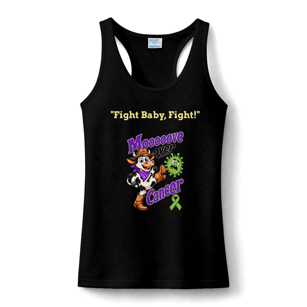 Black Moooove Over Cancer women's tank top with Fight Baby, Fight! slogan and Non-Hodgkin/Lymphoma Cancer awareness ribbon