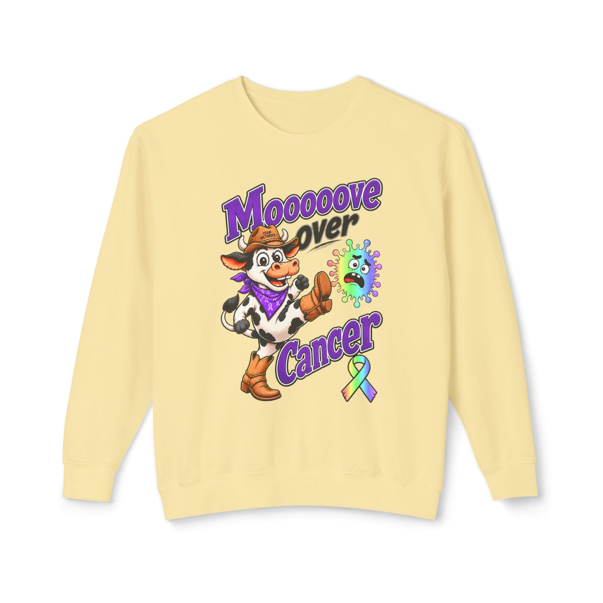 Moooove Over Cancer yellow crewneck sweatshirt with playful cow artwork and all-cancer awareness ribbon