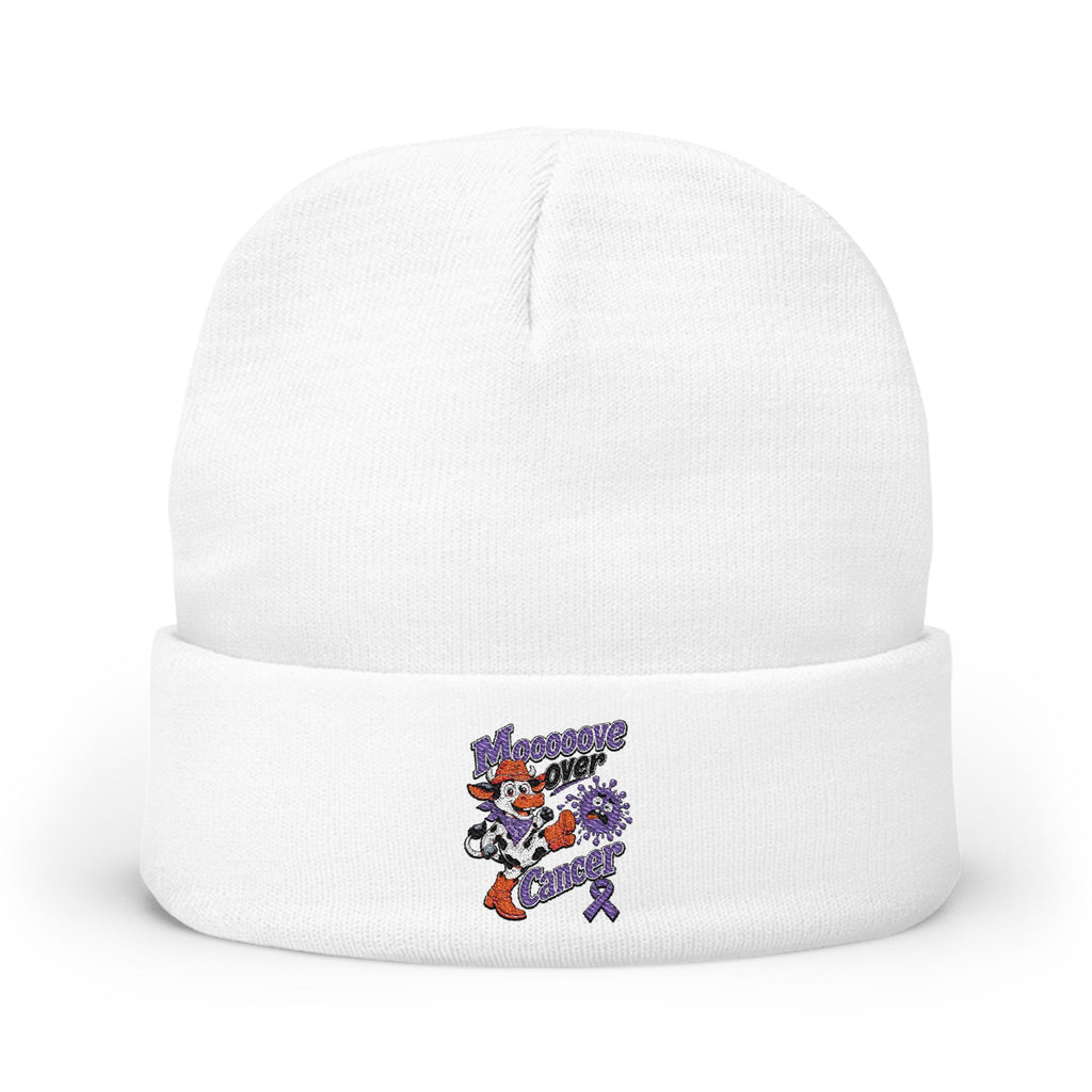 White Moooove Over Cancer embroidered beanie with colorful awareness artwork