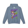 Blue-gray Moooove Over Cancer hoodie with cow artwork and cancer awareness ribbon