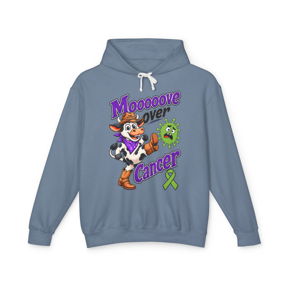 Blue-gray Moooove Over Cancer hoodie with cow artwork and cancer awareness ribbon