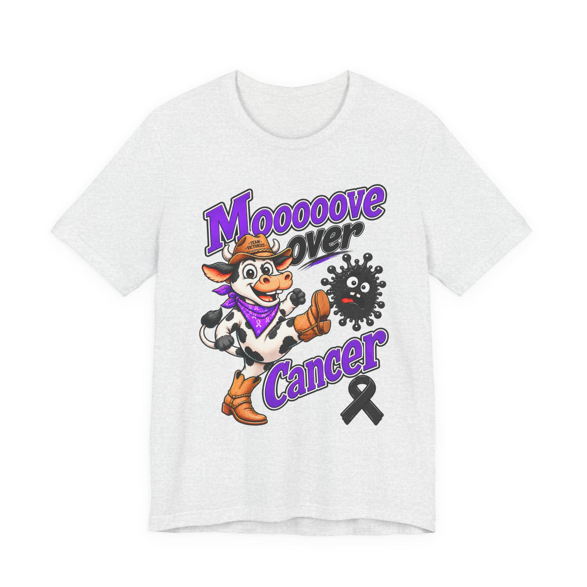 Light gray Moooove Over Cancer T-shirt with playful cow cancer design