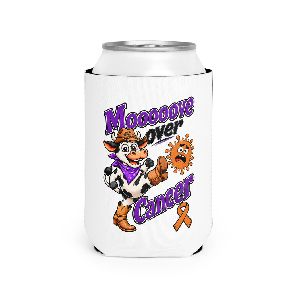 Moooove Over Cancer neoprene can sleeve fitted on a can with Leukemia/Kidney Cancer ribbon