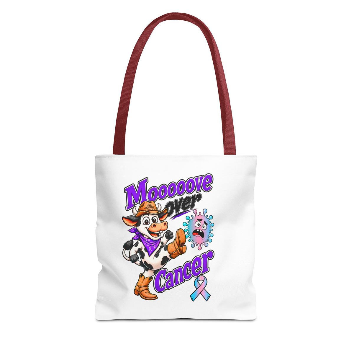 Model carrying a Moooove Over Cancer tote with cow artwork and Thyroid Cancer awareness ribbon