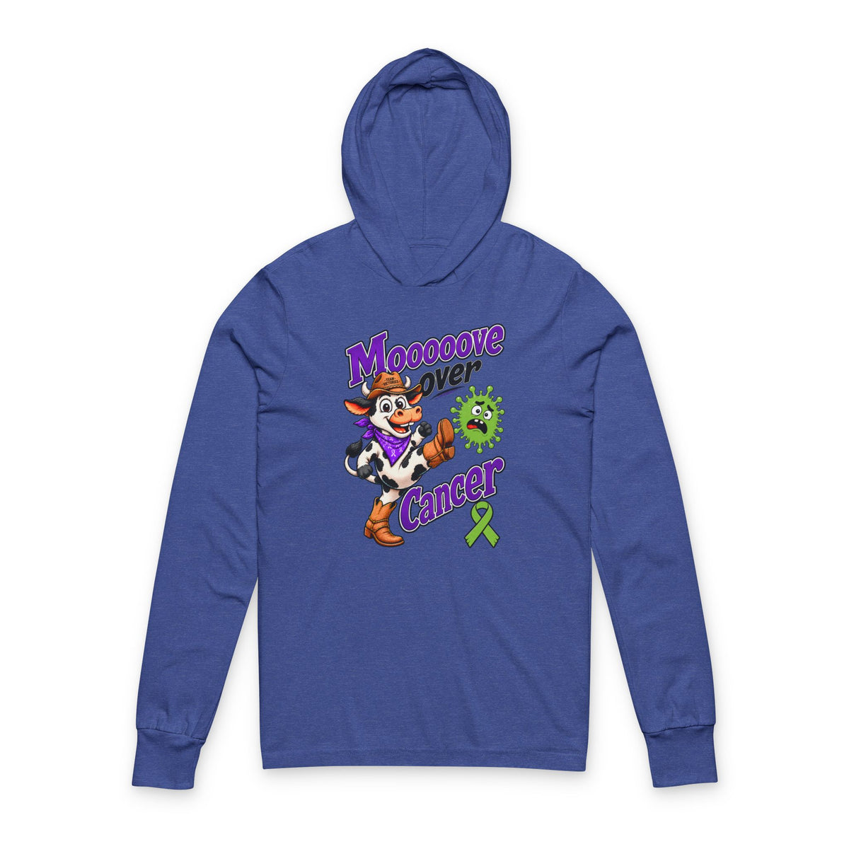 Moooove Over Cancer hooded long-sleeve tee with Non-Hodgkin/Lymphoma Cancer awareness ribbon in blue