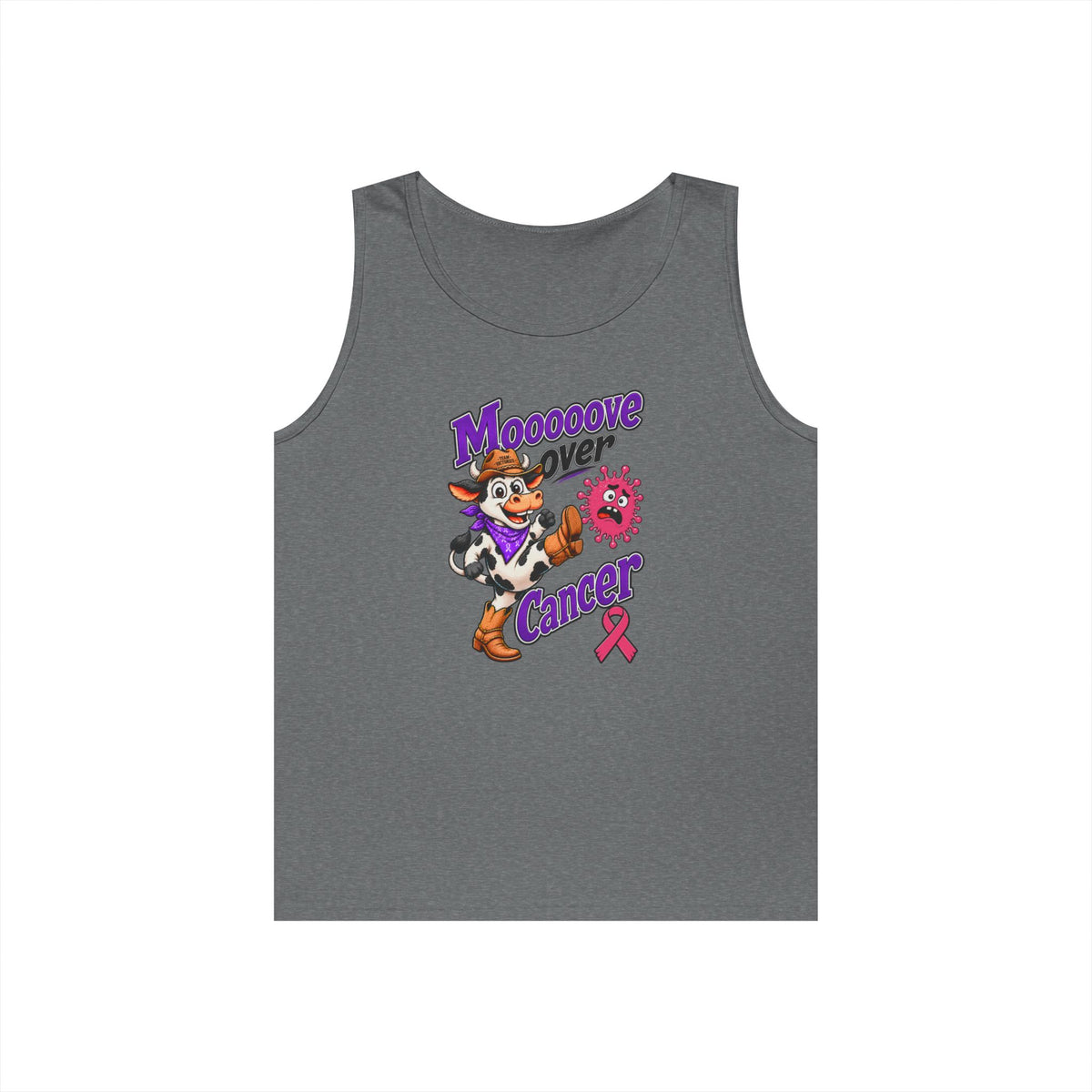 Dark gray Moooove Over Cancer tank top with western character and Breast Cancer awareness ribbon
