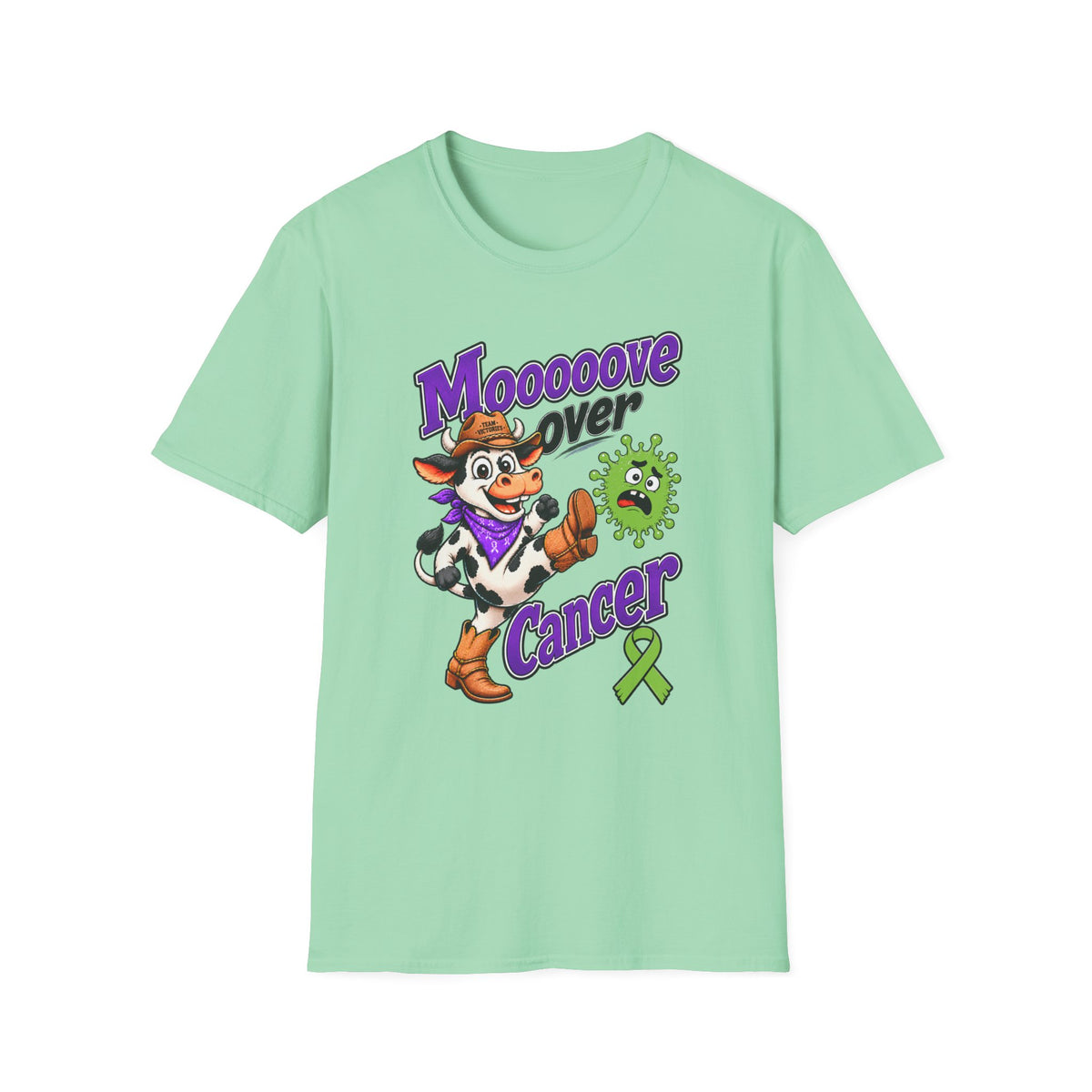 Mint Moooove Over Cancer T-shirt with playful Western cancer support design