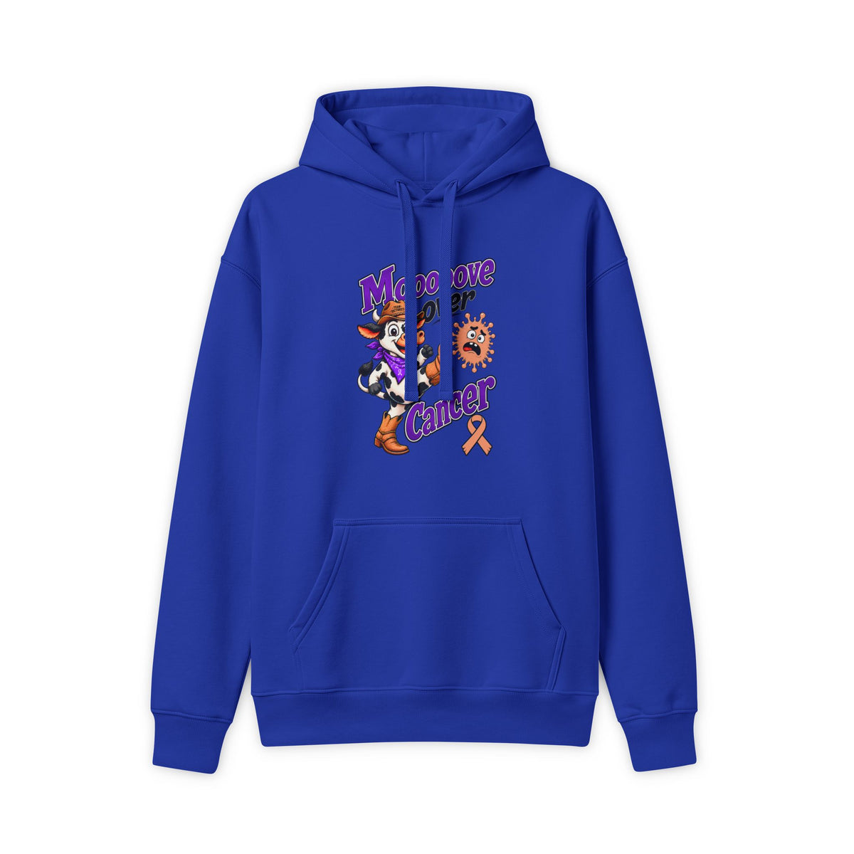 Blue Moooove Over Cancer hoodie featuring colorful Uterine Cancer awareness ribbon artwork