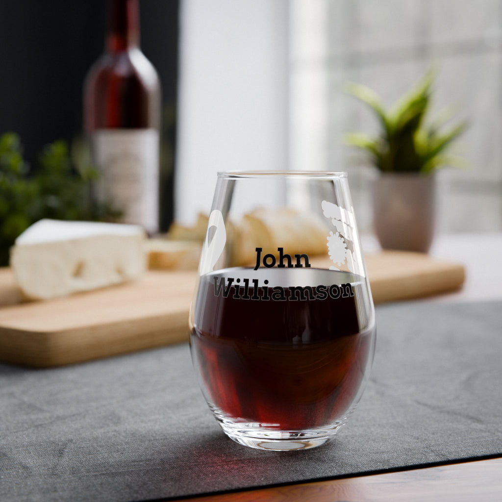 Personalized Moooove Over Cancer stemless wine glass shown with the name John Williamson