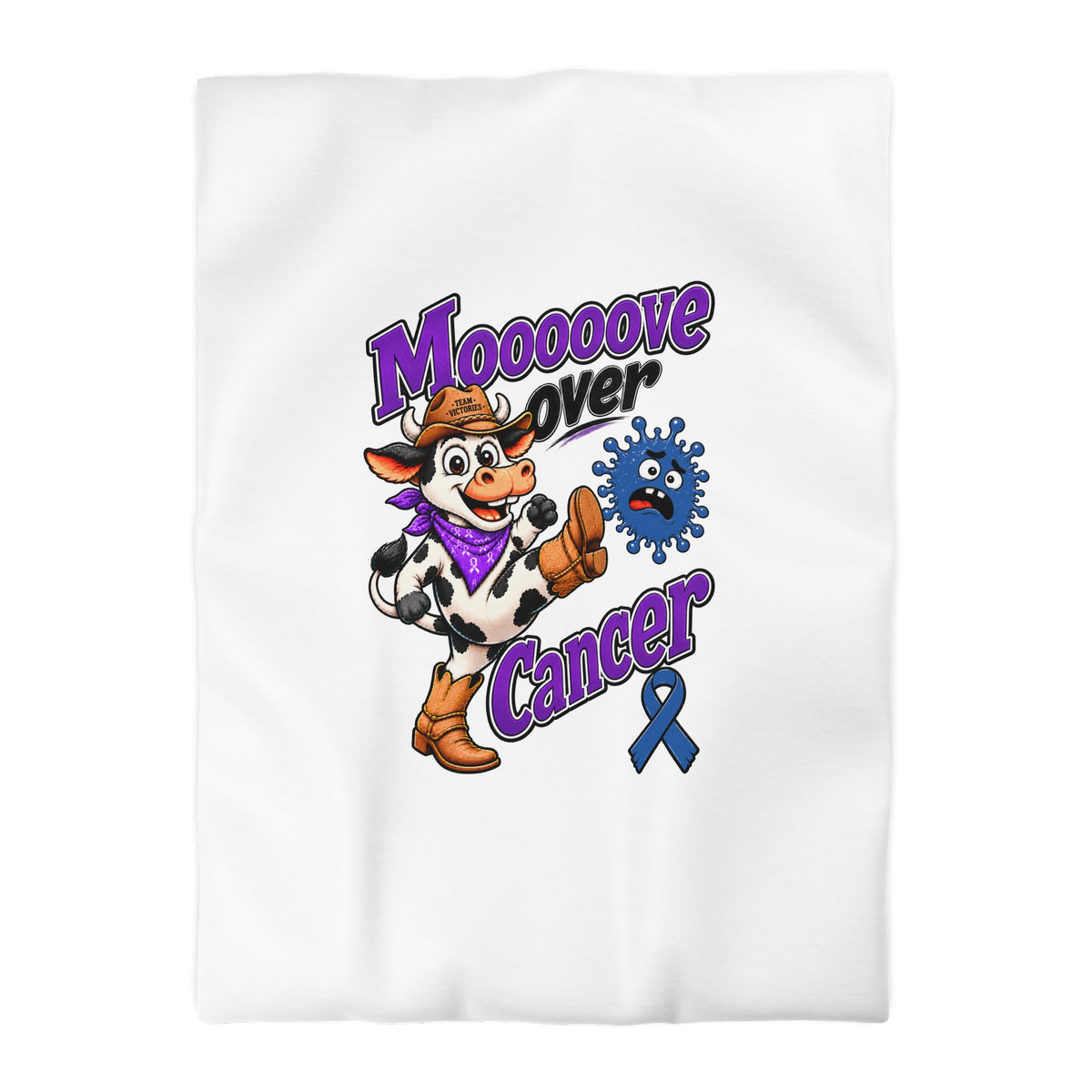 Moooove Over Cancer duvet cover displayed on a bed with Colon Cancer awareness ribbon