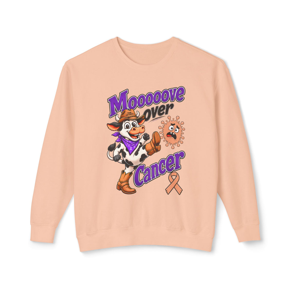 Front view of Moooove Over Cancer sweatshirt with Uterine Cancer awareness ribbon