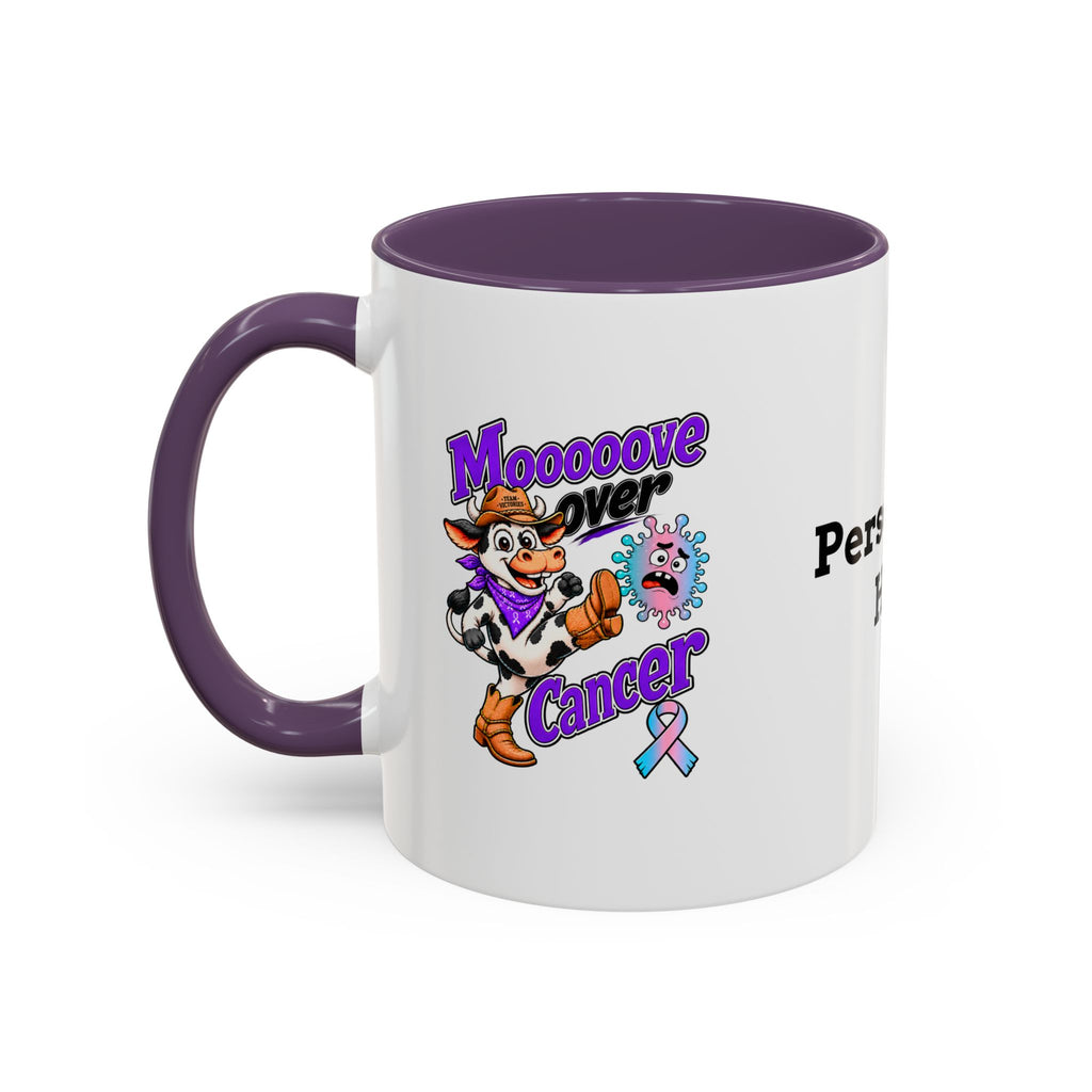 Side view of personalized Moooove Over Cancer mug with purple accent handle