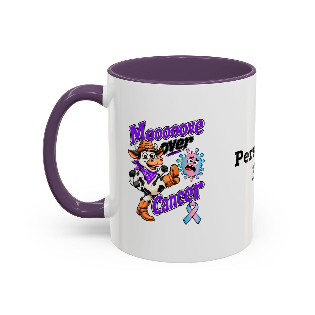 Side view of personalized Moooove Over Cancer mug with purple accent handle