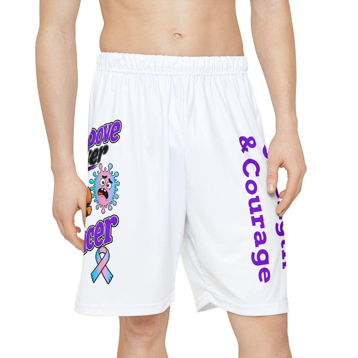 Front view of Moooove Over Cancer white athletic shorts with ribbon artwork and purple lettering