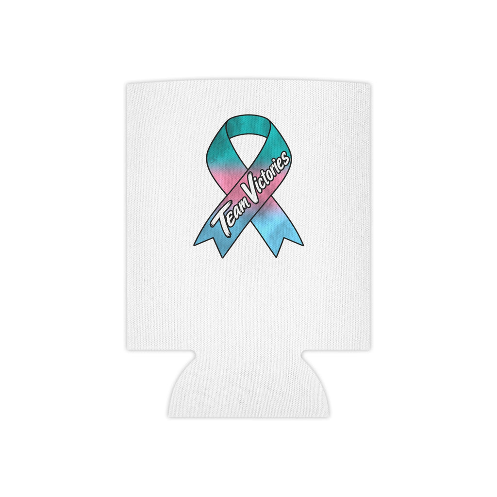 Team Victories pink-and-blue awareness ribbon design on white can cooler