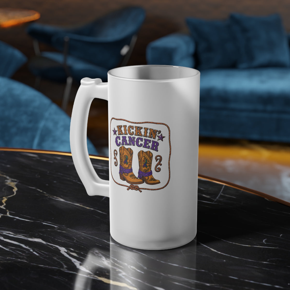 Kickin' Cancer frosted glass mug displayed on a marble table in a living room