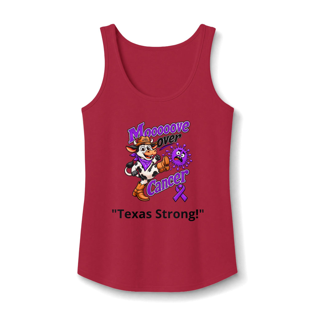 Red Moooove Over Cancer Texas Strong tank top with Pancreatic Cancer awareness ribbon