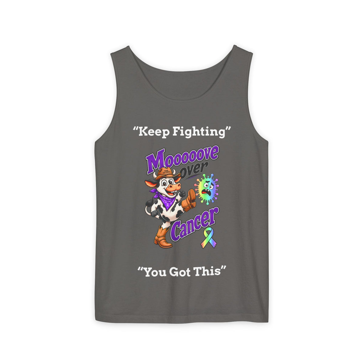 Dark gray Moooove Over Cancer tank top with Keep Fighting and all-cancer awareness ribbon