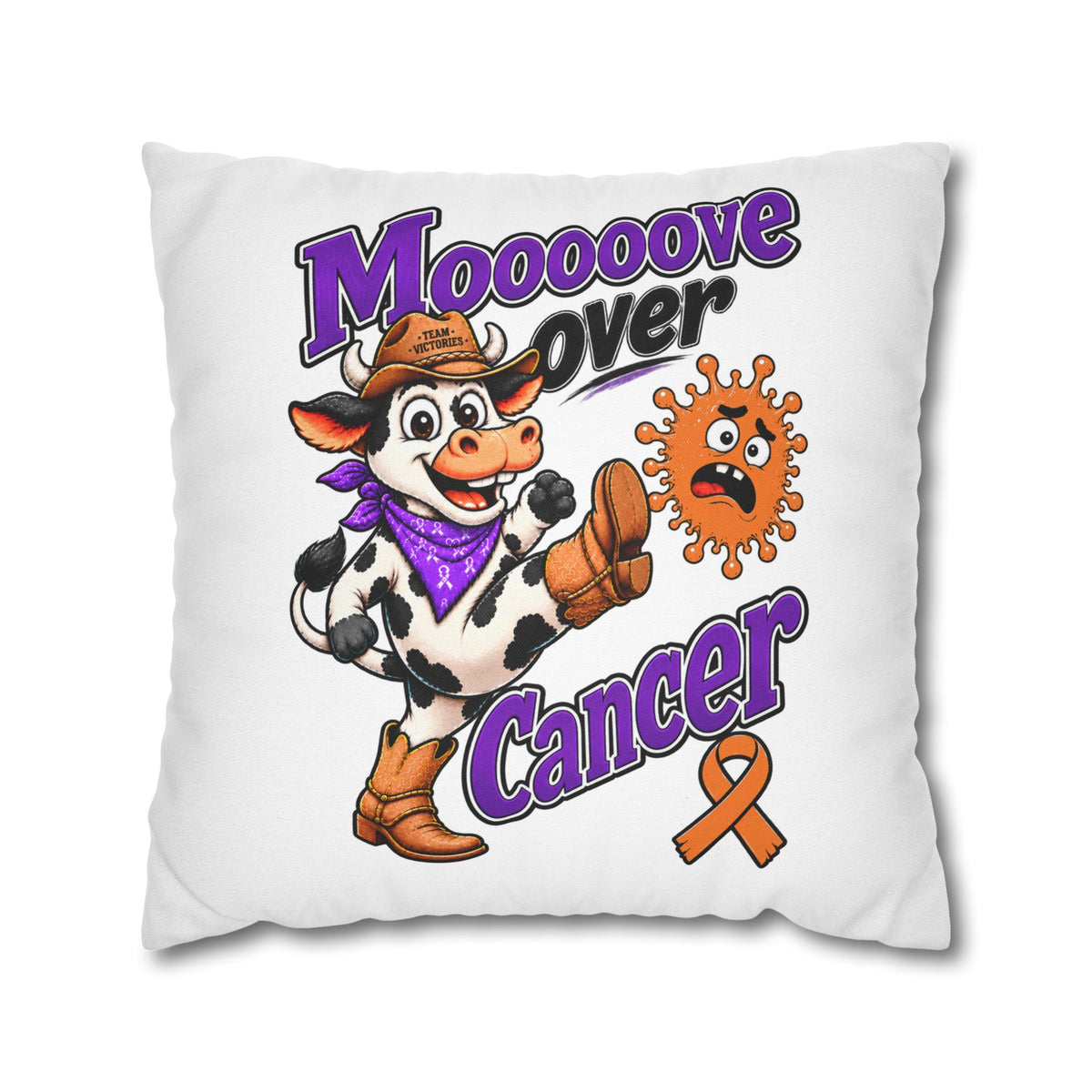 Close front view of Moooove Over Cancer Team Victories pillow cover