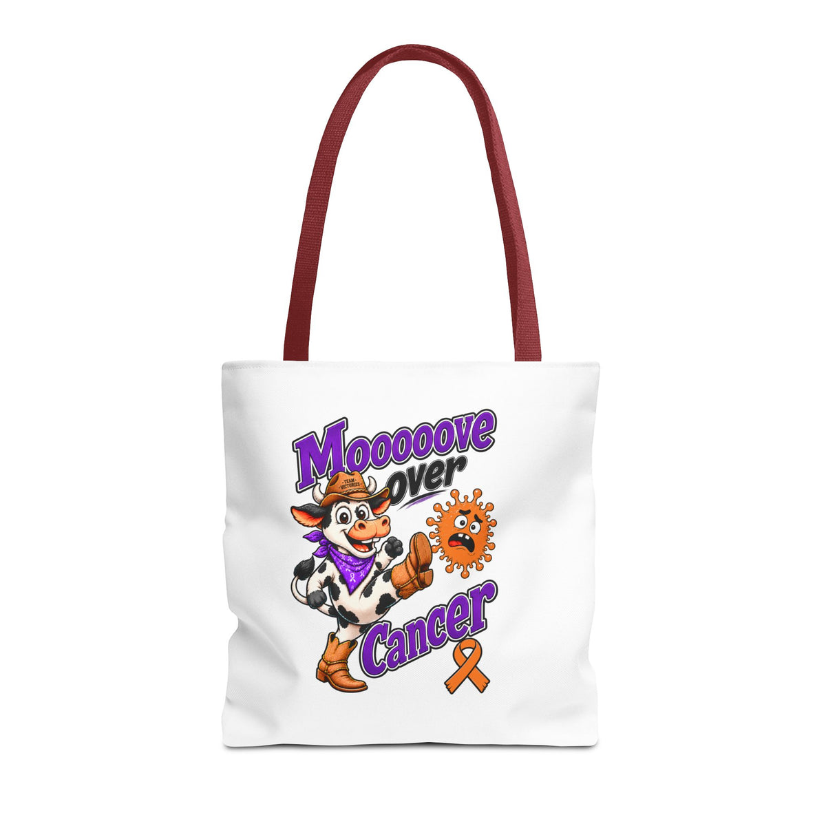 Front view of Moooove Over Cancer polyester tote with black handles