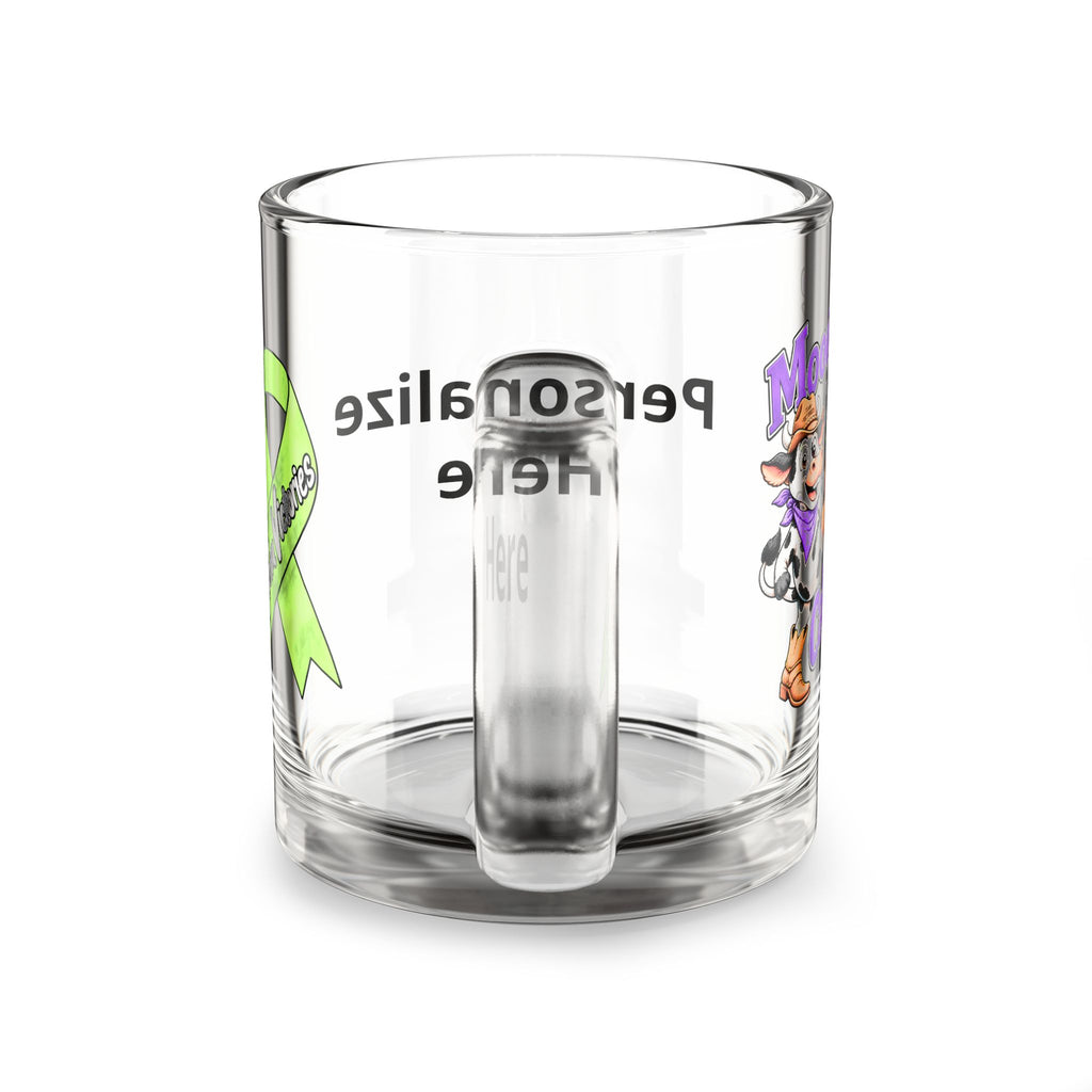 Moooove Over Cancer glass mug side view with personalized area and awareness design