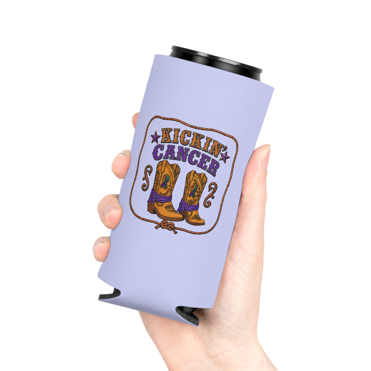 Hand holding a lavender Kickin' Cancer Slim Can cooler with western boot artwork