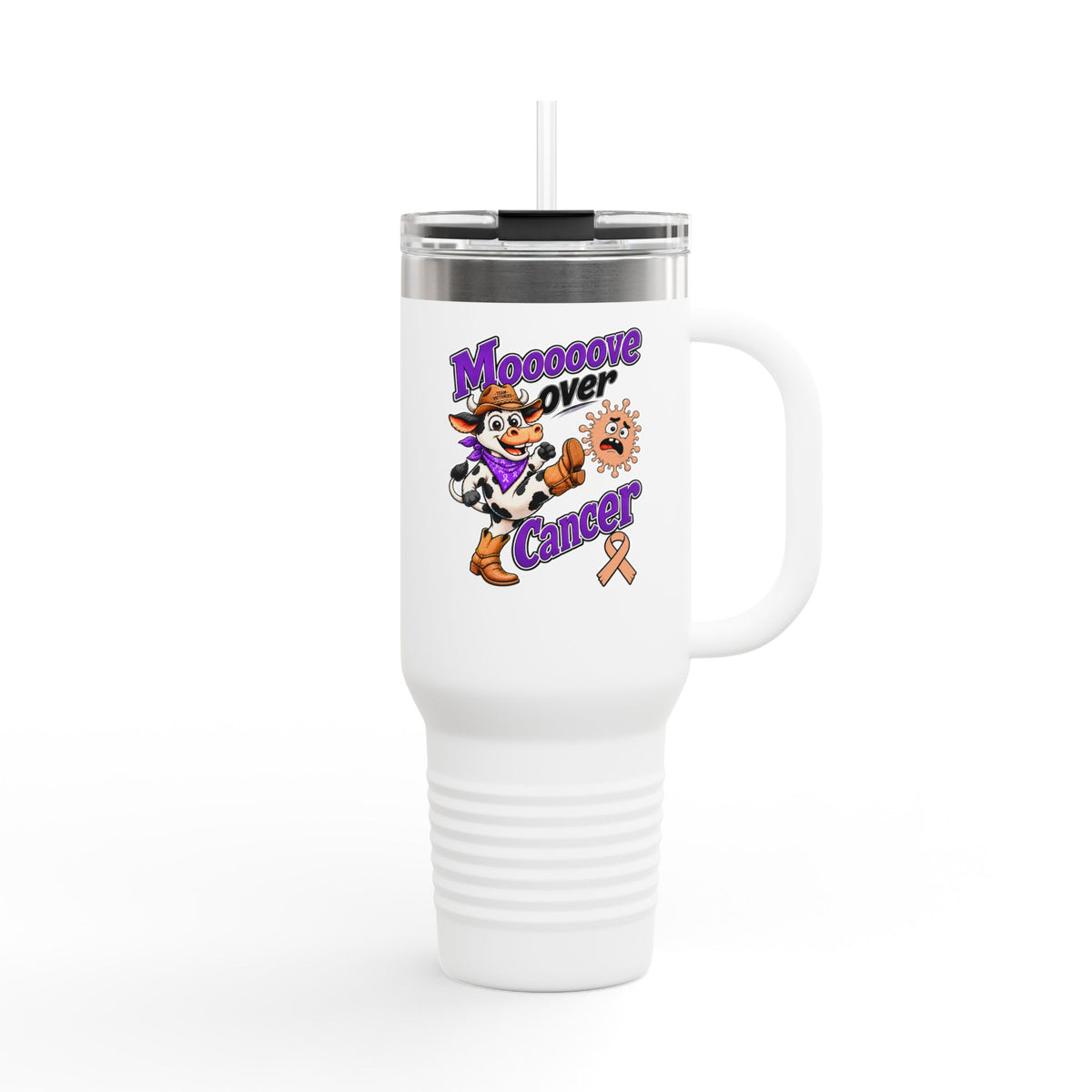 Moooove Over Cancer 40 oz travel mug with peach Uterine Cancer awareness ribbon