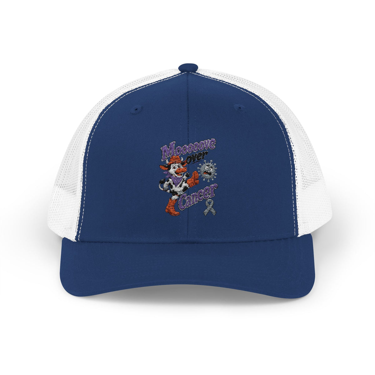 Moooove Over Cancer trucker hat shown from the front side with embroidered artwork